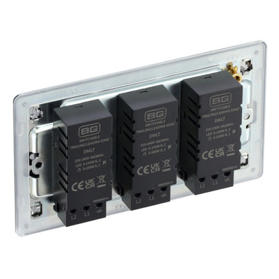 BG Screwless Polished Chrome 200W 2 Way Triple Trailing Edge Dimmer Switch FPC83 with 35mm Steel Back Box