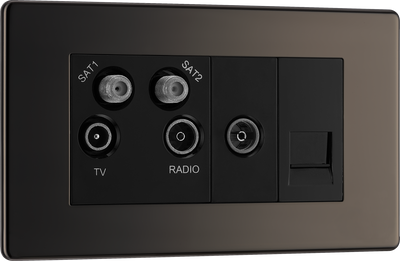 FBN69 Front - This screened Quadplex socket fromBritish General has an outlet for TV FM and 2 satellites, plus a re turn and shuttered telephone socket.