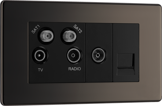 FBN69 Front - This screened Quadplex socket fromBritish General has an outlet for TV FM and 2 satellites, plus a re turn and shuttered telephone socket.