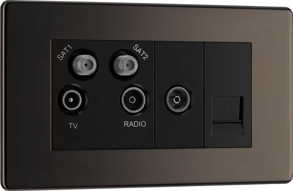 FBN69 Front - This screened Quadplex socket fromBritish General has an outlet for TV FM and 2 satellites, plus a re turn and shuttered telephone socket.