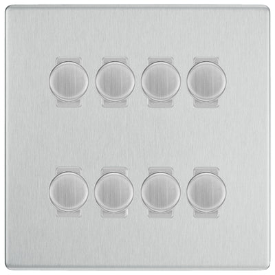 BG Brushed Steel Screwless Flat Plate 8 Gang Trailing Edge LED Dimmer Light Switch 2 Way Custom Switch by British General (SCREWLESS-BS-8G-CUSTOM-8xDIMMER-2Way)