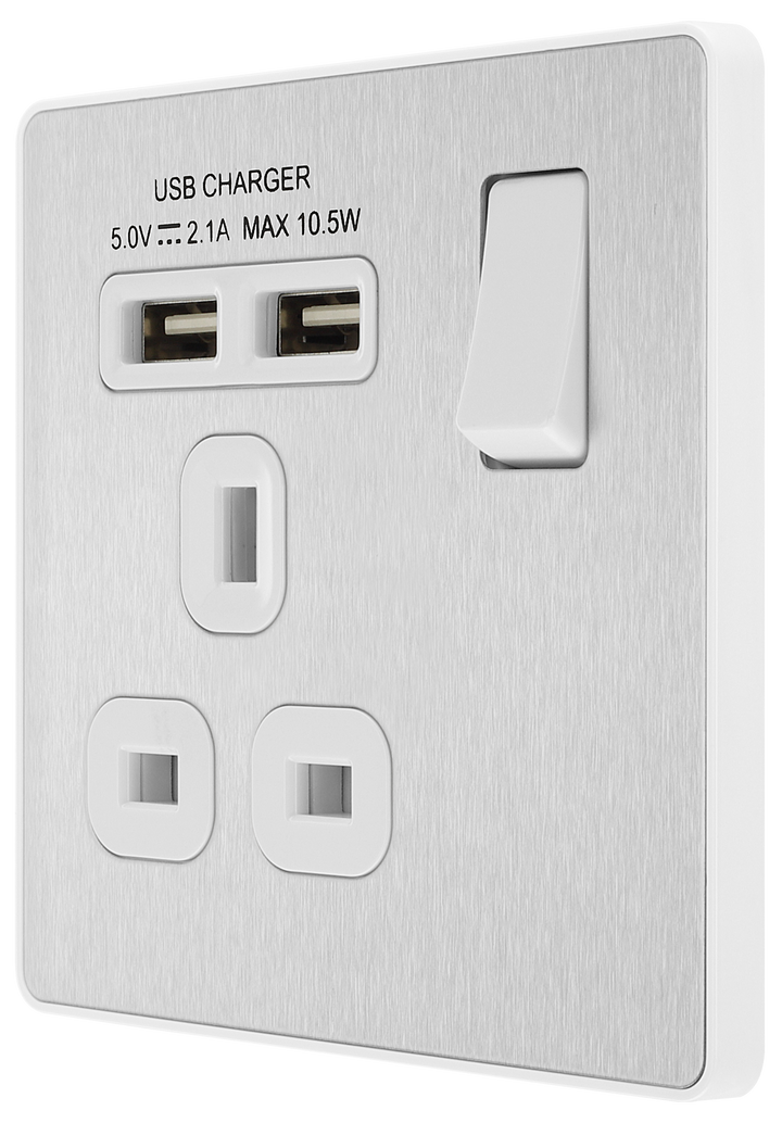 PCDBS21U2W Side - This Evolve Brushed Steel 13A single power socket from British General comes with two USB charging ports, allowing you to plug in an electrical device and charge mobile devices simultaneously without having to sacrifice a power socket.