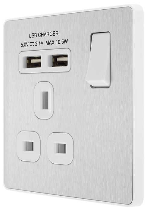 PCDBS21U2W Side - This Evolve Brushed Steel 13A single power socket from British General comes with two USB charging ports, allowing you to plug in an electrical device and charge mobile devices simultaneously without having to sacrifice a power socket.