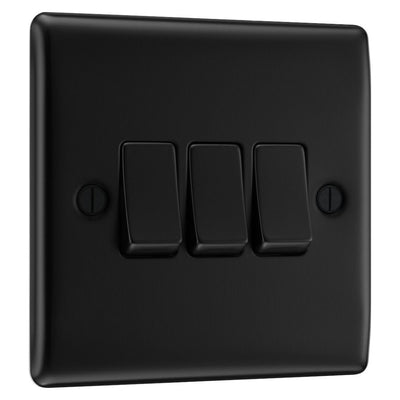 BG Nexus Matt Black 20A 16AX 2 Way Triple Light Switch NFB43 with 25mm Steel Back Box