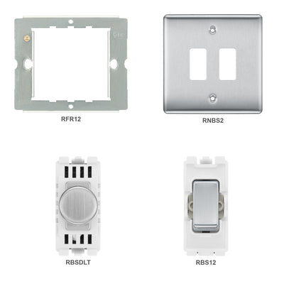 BG Brushed Steel 2 Gang Light Switch 1x Dual Mode LED Dimmer 1x 2 Way Custom Switch