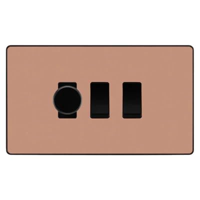 BG Evolve Polished Copper 3 Gang Light Switch Grid – 1x Trailing-Edge LED Dimmer, 1x Intermediate, 1x 2-Way Switch by British General (BG-Evolve-CP-3G-1x-Dimmer-1x-INT-1x-2Way)