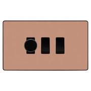 BG Evolve Polished Copper 3 Gang Light Switch Grid – 1x Trailing-Edge LED Dimmer, 1x Intermediate, 1x 2-Way Switch by British General (BG-Evolve-CP-3G-1x-Dimmer-1x-INT-1x-2Way)