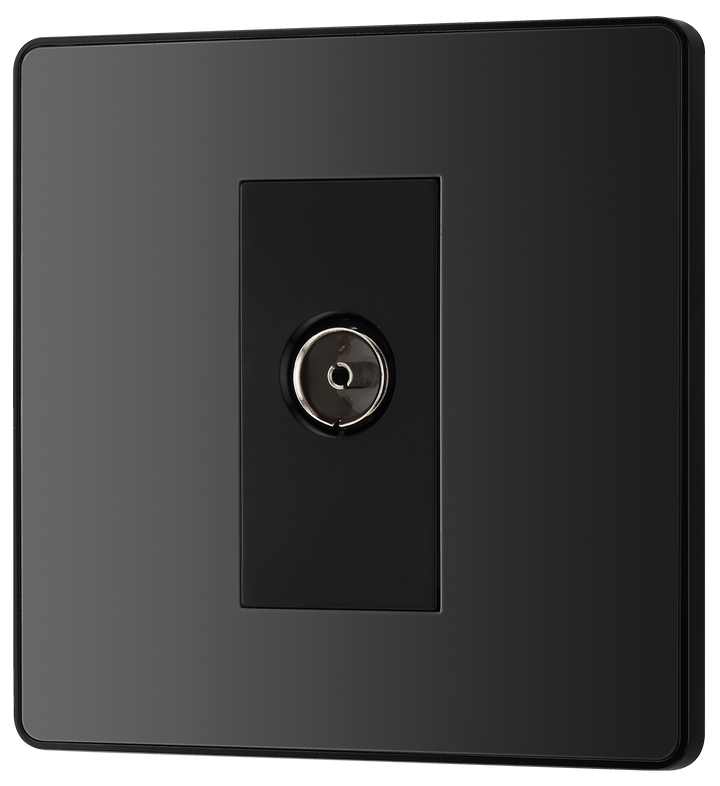 PCDBC60B Front - his Evolve Black Chrome single coaxial socket from British General can be used for TV or FM aerial connections.