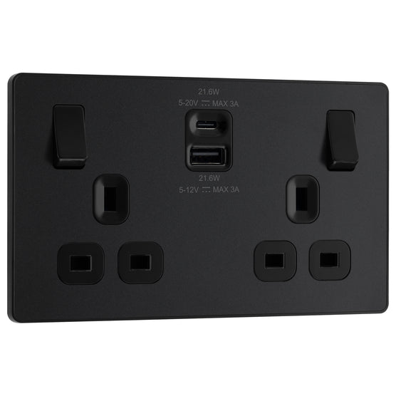 BG Evolve Matt Black PCDMB22UAC22B USB Double Socket 22W Type A & C USB