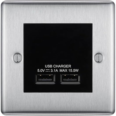 BG Nexus Metal Brushed Steel Dual USB Charger 3.1A Output Socket - Black Insert by British General (BG-NBSEMS2+EMUSB3B)