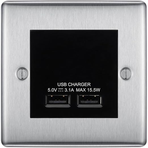 BG Nexus Metal Brushed Steel Dual USB Charger 3.1A Output Socket - Black Insert