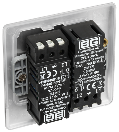 BG NBS82 Nexus Metal Brushed Steel 2 Gang 200W 2 Way Trailing Edge Push Type Dimmer Switch