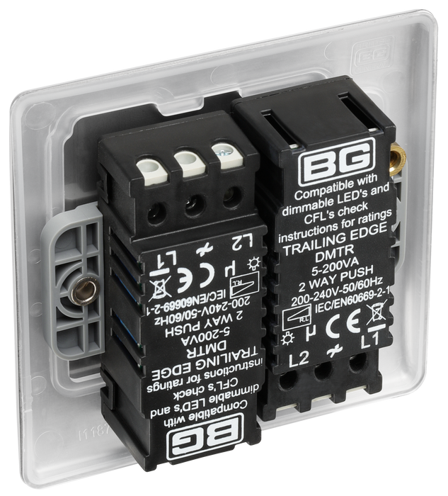 NBS82 Back -This trailing edge double dimmer switch from British General allows you to control your light levels and set the mood. The intelligent electronic circuit monitors the connected load and provides a soft-start with protection against thermal,