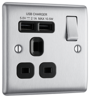 BG NBS21U2B Metal Brushed Steel 1 Gang 13A 2x USB-A 2.1A Switch Socket Black Insert by British General (BG-NBS21U2B-Shopify-SA_1)