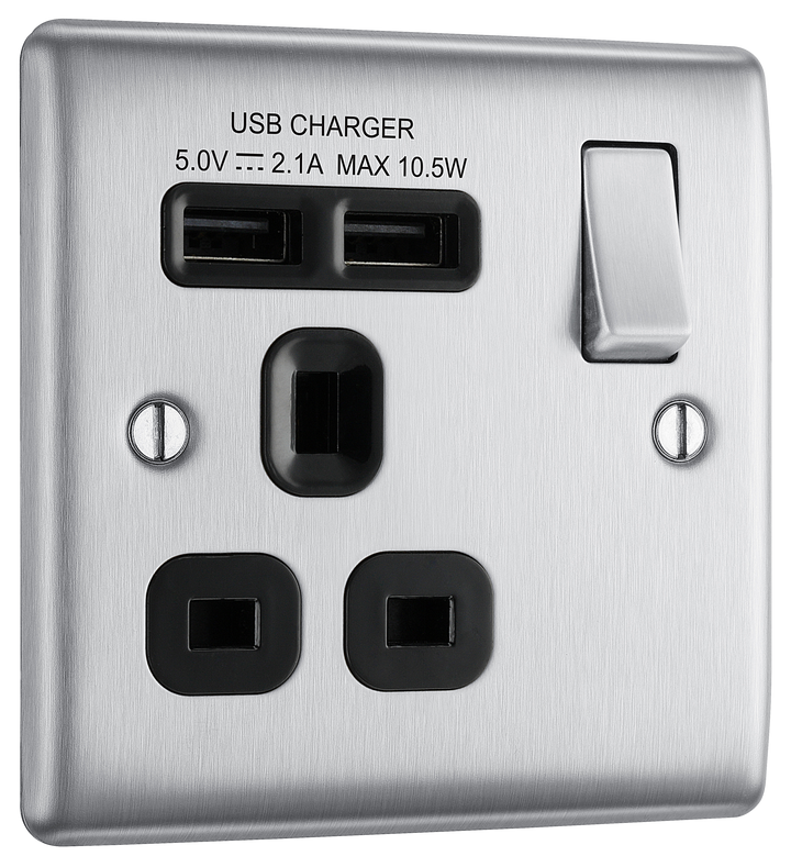 NBS21U2B Front - This 13A single power socket from British General comes with two USB charging ports allowing you to plug in an electrical device and charge mobile devices simultaneously without having to sacrifice a power socket.