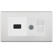 BG Screwless Brushed Steel Media Wall Plate TV Aerial, HDMI & CAT6 Outlet – White Insert