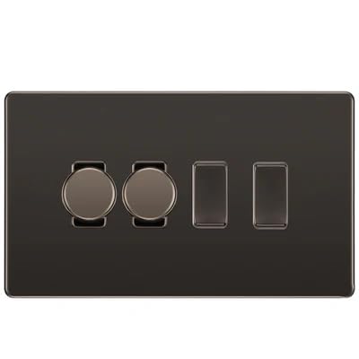 BG Screwless Black Nickel 4 Gang Switch 2x Trailing Edge LED Dimmer 2x Intermediate Custom Grid Switch by British General (BG-SCRL-BN-4G-CUSTOM-2x-Dimmer-2x-INT)