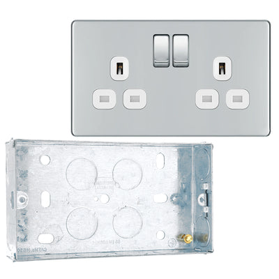BG Screwless Polished Chrome 13A Double Switched Socket FPC22W with 25mm Steel Back Box by British General (BG-FPC22W+HGS04)