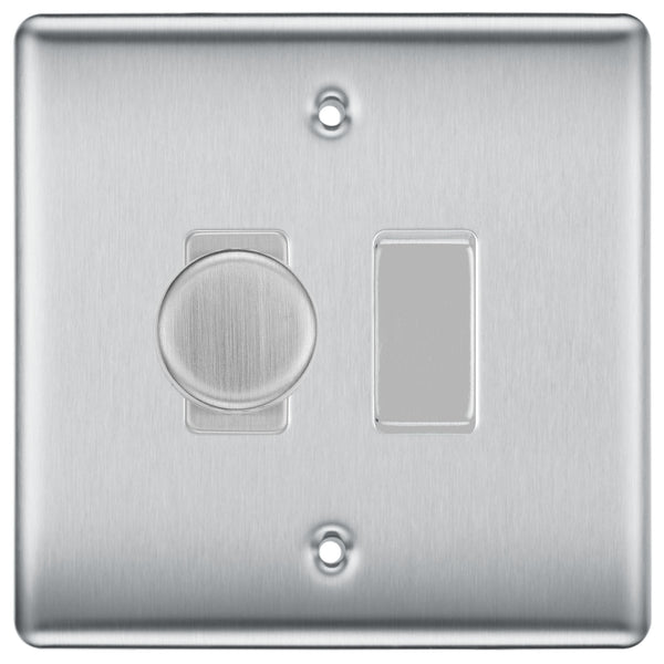 BG Brushed Steel 2 Gang Light Switch 1x Trailing Edge LED Dimmer 1x 2 Way Custom Switch