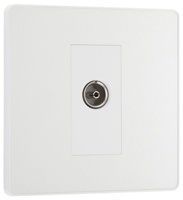  PCDCL60W Front - This Evolve pearlescent white single coaxial socket from British General can be used for TV or FM aerial connections. This socket has a low profile screwless flat plate that clips on and off, making it ideal for modern interiors.