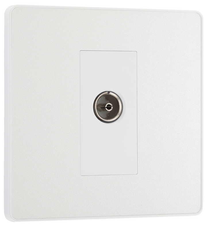  PCDCL60W Front - This Evolve pearlescent white single coaxial socket from British General can be used for TV or FM aerial connections. This socket has a low profile screwless flat plate that clips on and off, making it ideal for modern interiors.