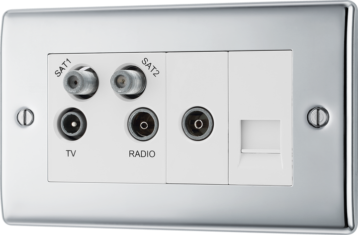 NPC69 Front - This screened Quadplex socket from British General has an outlet for TV FM and 2 satellites, plus a return and shuttered telephone socket.