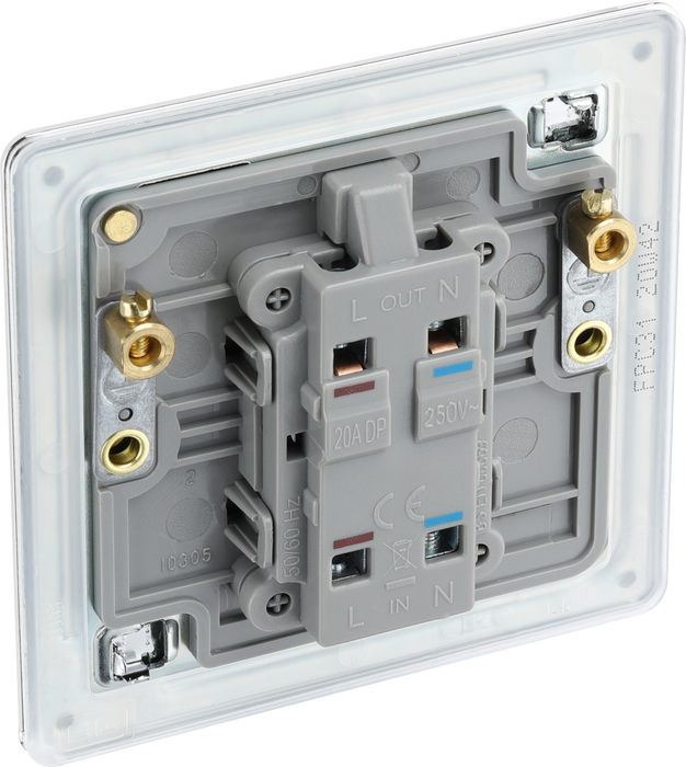 FPC31 Back -  This Screwless Flat plate polished chrome finish 20A double pole switch with indicator from British General has been designed for the connection of refrigerators, water heaters, central heating boilers and many other fixed appliances.