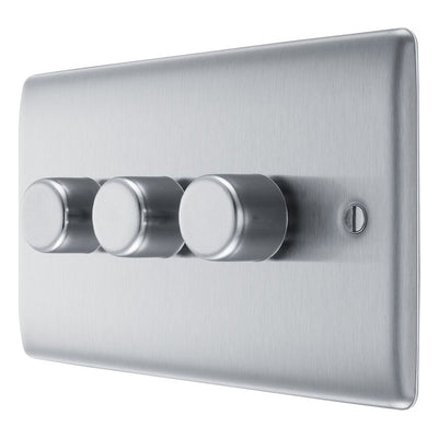 BG Nexus Brushed Steel 200W 2-Way 3 Gang Trailing Edge Push Dimmer & Surface Pattress Back Box