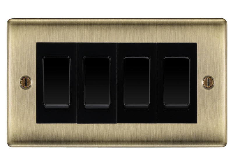 BG Nexus Antique Brass 4 Gang Intermediate Light Switch Custom Grid - Black Insert