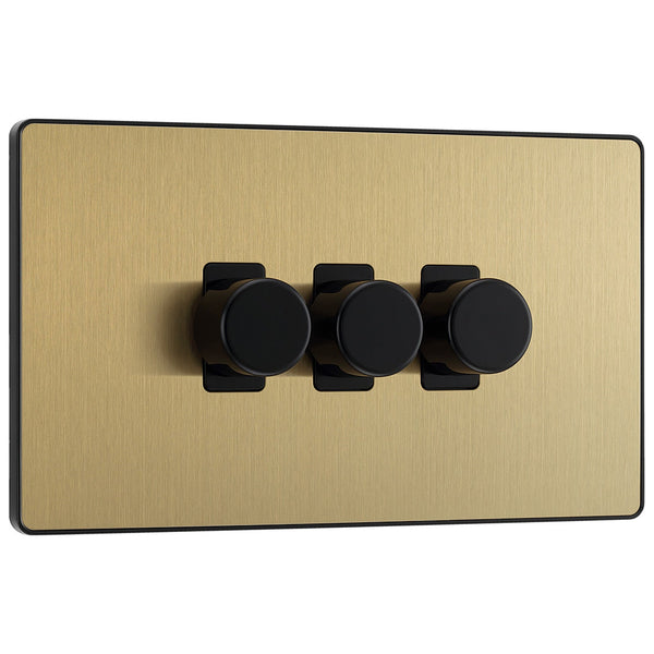 BG Evolve Satin Brass 3 Gang Custom Grid Dimmer Light Switch PCDSB43B