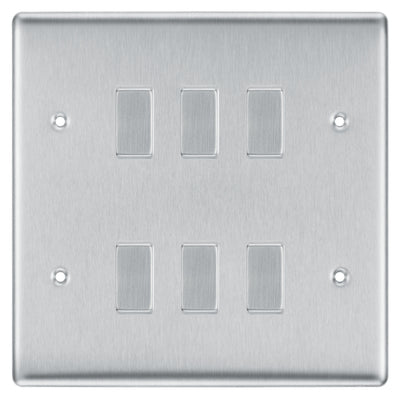 BG Brushed Steel 6 Gang 2 Way Custom Grid Light Switch with Back Box Included by British General (BG-NEXUS-BS-6G-CUSTOM-LIGHT-SWITCH)