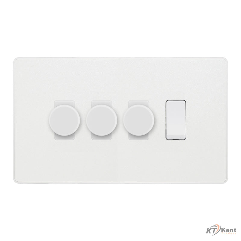 BG Evolve Pearlescent White 4 Gang Light Switch 3x Trailing Edge LED Dimmer 1x 2 Way Custom Switch