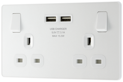 PCDCL22U3W Front - This Evolve pearlescent white 13A double power socket from British General comes with two USB charging ports, allowing you to plug in an electrical device and charge mobile devices simultaneously without having to sacrifice a power socket.