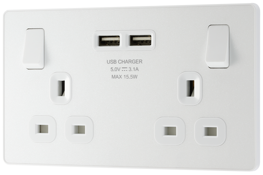 PCDCL22U3W Front - This Evolve pearlescent white 13A double power socket from British General comes with two USB charging ports, allowing you to plug in an electrical device and charge mobile devices simultaneously without having to sacrifice a power socket.