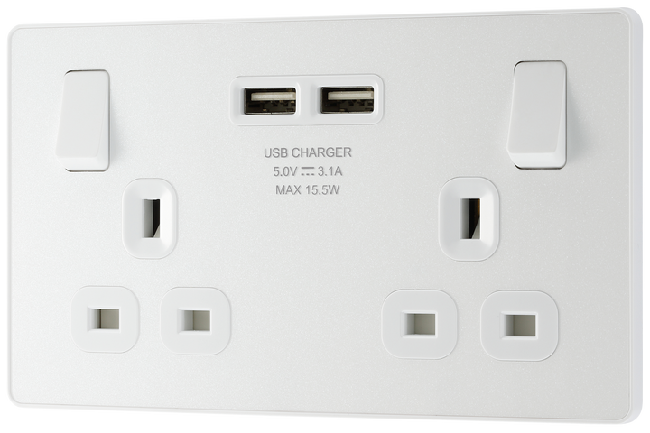 PCDCL22U3W Front - This Evolve pearlescent white 13A double power socket from British General comes with two USB charging ports, allowing you to plug in an electrical device and charge mobile devices simultaneously without having to sacrifice a power socket.