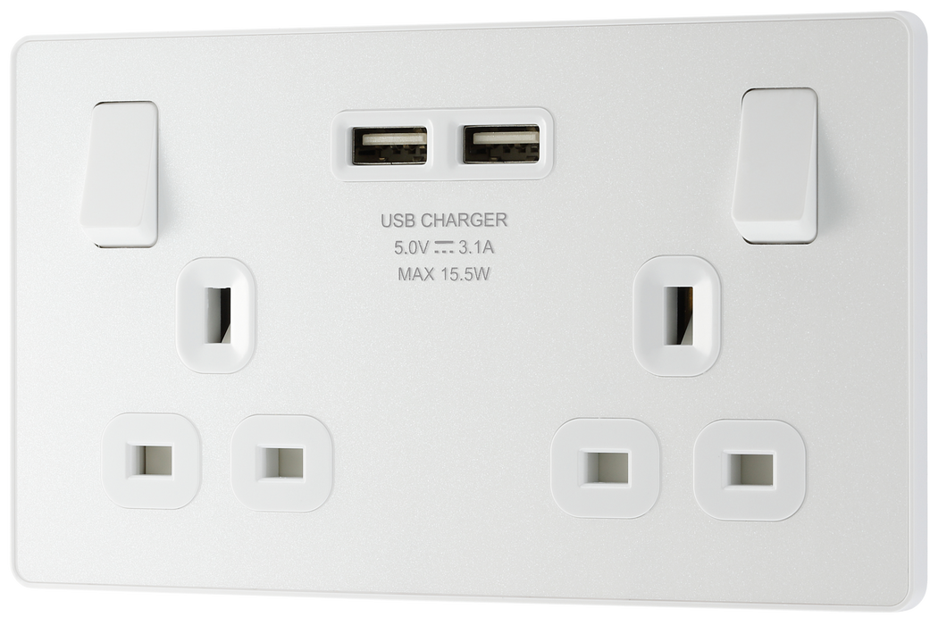 PCDCL22U3W Front - This Evolve pearlescent white 13A double power socket from British General comes with two USB charging ports, allowing you to plug in an electrical device and charge mobile devices simultaneously without having to sacrifice a power socket.