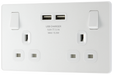 PCDCL22U3W Front - This Evolve pearlescent white 13A double power socket from British General comes with two USB charging ports, allowing you to plug in an electrical device and charge mobile devices simultaneously without having to sacrifice a power socket.