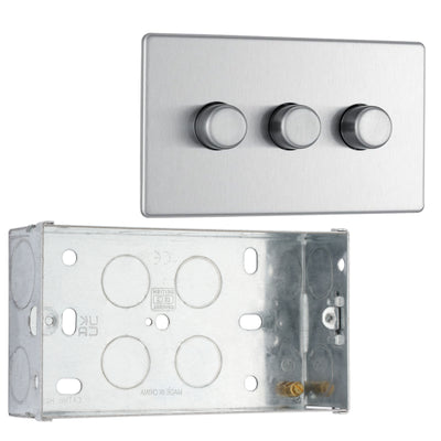 BG Screwless Brushed Steel 200W 2 Way Triple Trailing Edge Dimmer Switch FBS83 with 35mm Steel Back Box