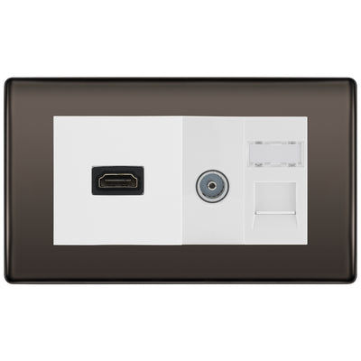 BG Nexus Black Nickel Media Wall Plate TV Aerial, HDMI & CAT6 Outlet - White Insert