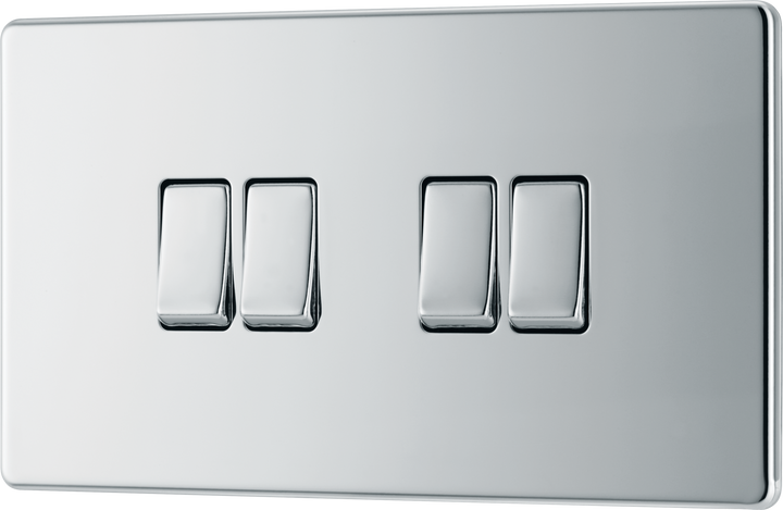 FPC44 Front - This Screwless Flat plate polished chrome finish 20A 16AX quadruple light switch from British General can operate 4 different lights whilst the 2 way switching allows a second switch to be added to the circuit to operate the same light from another location (e.g. at the top and bottom of the stairs).