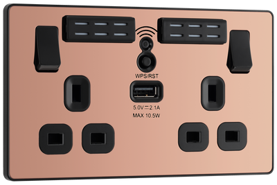 BG Evolve PCDCP22UWRB Polished Copper 2 Gang 13A 1x USB-A 2.1A Wi-FI Extender Switched Socket Outlet - Black Insert