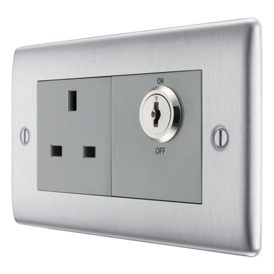 BG Nexus Brushed Steel 13A Double Pole Key Controlled Socket – Grey Inserts