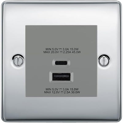BG Nexus Polished Chrome 45W USB Wall Socket Euro Module USB-A & C - Grey Insert