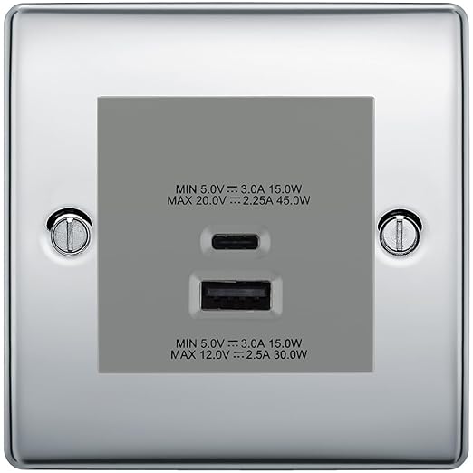 BG Nexus Polished Chrome 45W USB Wall Socket Euro Module USB-A & C - Grey Insert