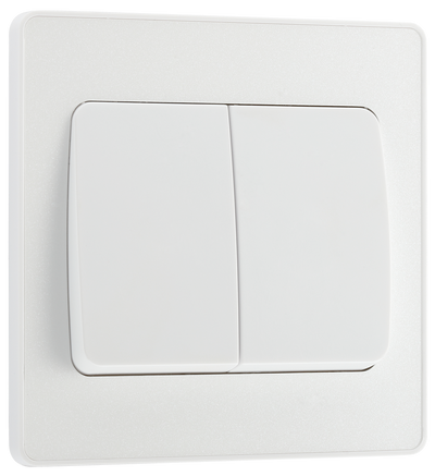 PCDCL42WW Front - This Evolve pearlescent white 20A 16AX double light switch from British General can operate 2 different lights, whilst the 2 way switching allows a second switch to be added to the circuit to operate the same light from another location (e.g. at the top and bottom of the stairs).
