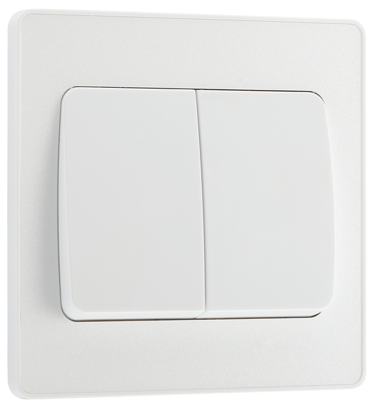 PCDCL42WW Front - This Evolve pearlescent white 20A 16AX double light switch from British General can operate 2 different lights, whilst the 2 way switching allows a second switch to be added to the circuit to operate the same light from another location (e.g. at the top and bottom of the stairs).