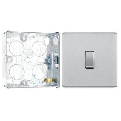 BG Screwless Brushed Steel 20A 16AX 2 Way Single Light Switch FBS12 with 25mm Steel Back Box by British General (BG-FBS12+HGS02)