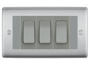 BG Nexus Brushed Steel 3 Gang Intermediate Light Switch Custom Grid - Grey Insert by British General (BG-Nexus-BS-3G-Combo-3x INT-GR)