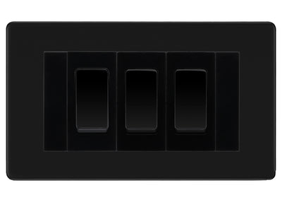 BG Matt Black Screwless 3 Gang Intermediate Light Switch Custom Grid - Black Insert