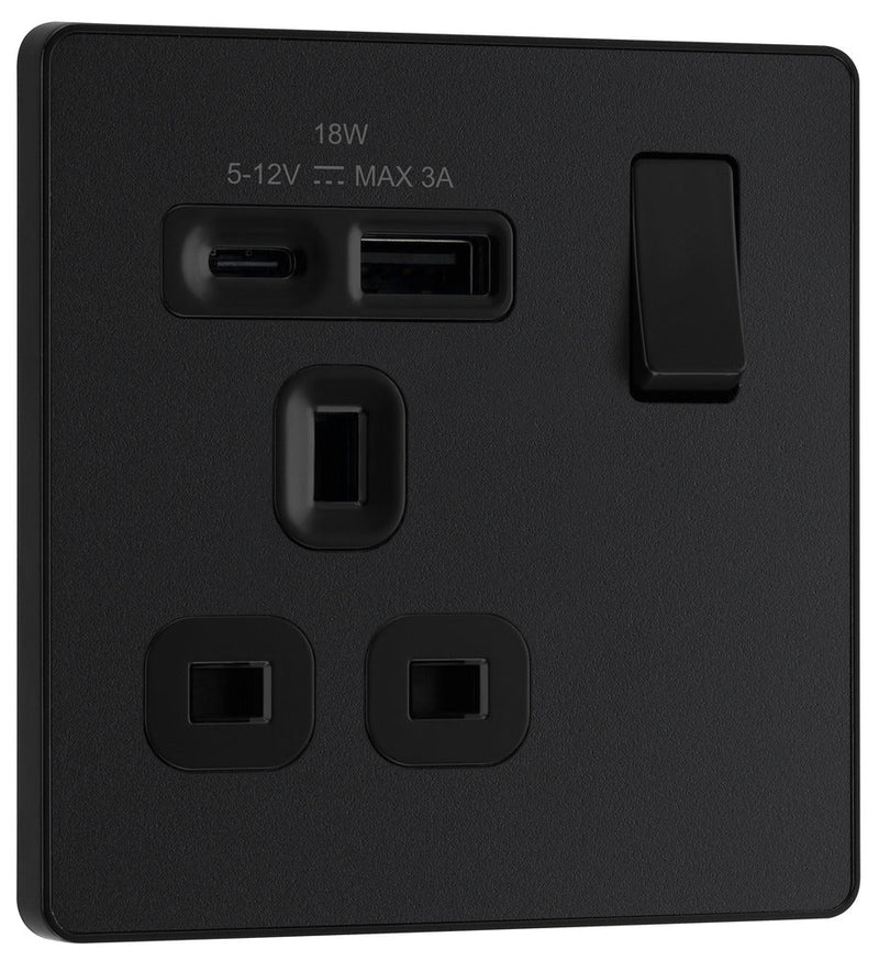 BG PCDMB21UAC18B Evolve | Matt Black - Black Insert |1 Gang 13A Single Pole 1x USB-A 1x USB-C Switched Socket